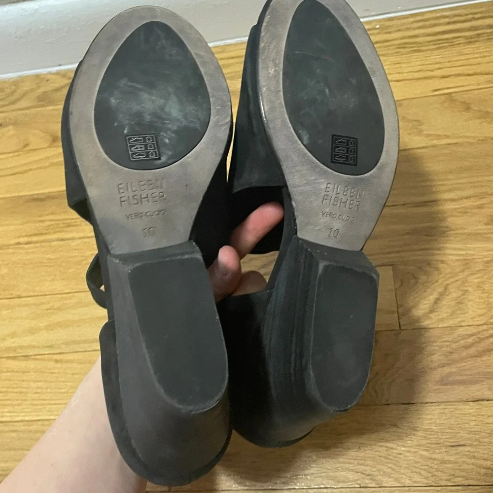 Eileen Fisher Black‎ Leather Open Toe Wedge Sandals Cutout Booties Women's 10